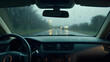 Inside a driving car on a rainy road - Generative AI