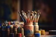 art school, an artist is selecting various craft supplies, including watercolor brushes, to create their work. Generative AI
