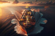 Aerial view of LPG gas tanker ship at sunset.  Composite with different elements made with generative AI
