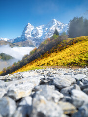 Poster - Mountain scenery in the Swiss Alps. Mountains peaks. Natural landscape. Mountain range and clear blue sky. Landscape in the summertime.