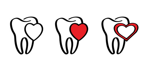 Wall Mural - Cartoon healthy, tooth with gums, line pattern and love, heart. Vector drawing silhouette icon. Damage teeth or tooth with caries. Cracked tooth, mouth and dental, damaged. Strong enamel, disease.