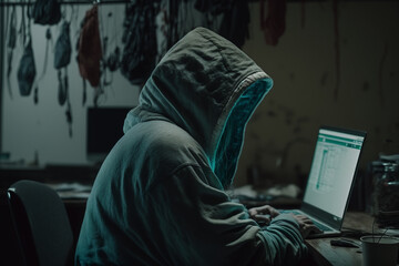 Hacker with hoodie at the computer. IT internet hacking and cybersecurity awareness. Online web crime network technology hack. Ai generated