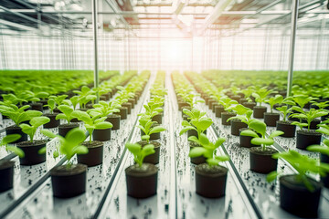 Hydroponic food production in a greenhouse. Green organic production in a row. Agricultural and food engineering, agronomist innovation, agroindustry, agribusiness and crop technology. Generative AI.