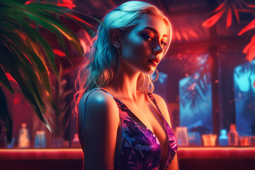 Attractive woman in elegant evening dress with a plunging neckline near a bar counter, neon lighting, nightclub background, flirtatious atmosphere. Generative AI