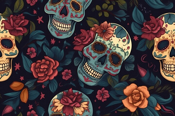 Wall Mural - **TILED** Mexican Sugar Skull Pattern, Created with generative AI