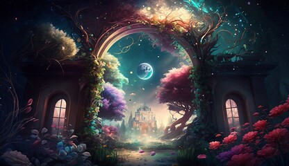 A garden set under a rainbow aurora borealis sky, a serene and dreamlike atmosphere, generative AI