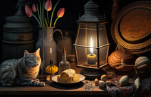 Still Life Of A Cat In A Kitchen Among Food And Utensils Created With Generative AI Technology