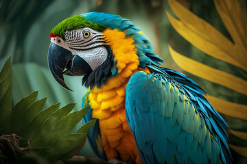 Colorful exotic jungle macaw parrot. Beautiful tropical rainforest wild and vivid vibrant colored bird close up macro. Ai generated