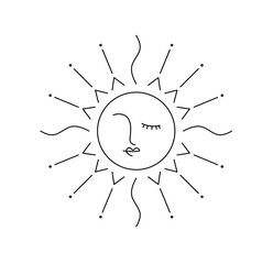 Wall Mural - Vector isolated one single abstract fairy tale ornate sun with rays and closed eyes colorless black and white contour line easy drawing