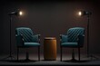 Two chairs and microphones in a podcast or interview room isolated on dark background as a wide banner for media conversations or podcast streamers' concepts. Generative AI.