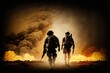 Military special forces soldiers crossing destroyed warzone through fire and smoke in the desert. Generative AI.