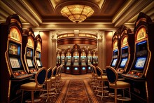  Luxury casino interior with lots of slot machines. Generative AI.