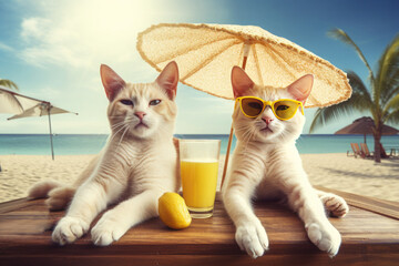 Two white cats on the beach lie under an umbrella with cocktails. Generative AI