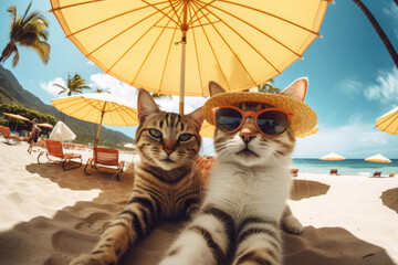 Cats in sunglasses rest on the beach under an umbrella. Generative AI