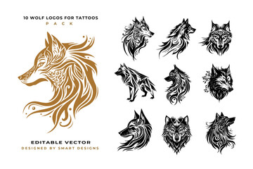  Wolf Logos for Tattoos Pack x10