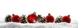 red christmas ball decoration with fir cones in a row  in snow cover isolated on transparent background, happy new years greeting card overlay