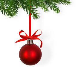 hanging red christmas ball on green tree isolated on transparent background, classical christmas dec