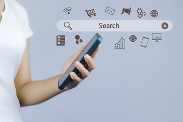 Wall Mural - professional digital marketing business woman doing tool search engine optimization on technology network internet online website to use social media find advertising research seo browsing shopping