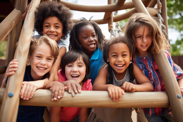 Multiracial group of kids having fun in the playground. Generative AI	
