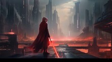 Unidentified Jedi With The Red Light Saber. Generative AI