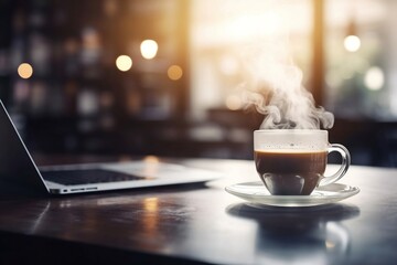 Poster - Business Cafe: Laptop and Coffee Cup on Table with Blurred Background and Copy Space for Coffee Shop