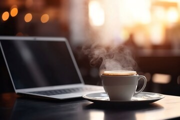 Poster - Business Cafe: Laptop and Coffee Cup on Table with Blurred Background and Copy Space for Coffee Shop