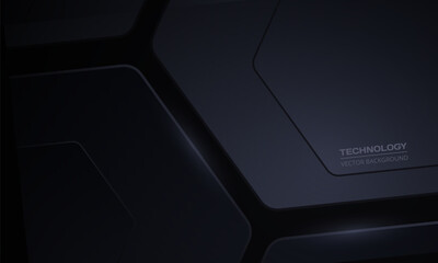Black modern technology abstract background with 3D tech geometric shapes. Vector illustration