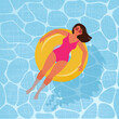Woman in a swimsuit on an inflatable circle in the pool. Vector illustration in flat style