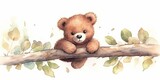 Fototapeta Motyle - Whimsical watercolor playful baby  bear cub generative AI art