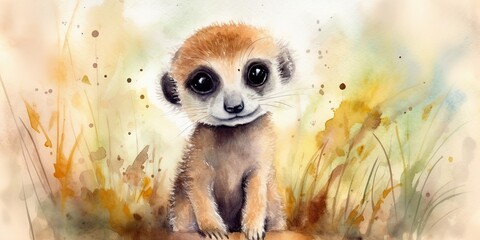 Wall Mural - Whimsical watercolor playful baby meerkat generative AI art