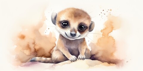 Wall Mural - Whimsical watercolor playful baby meerkat generative AI art