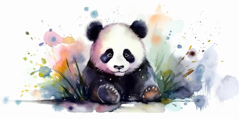 Wall Mural - Whimsical watercolor playful baby  panda generative AI art