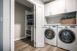 Laundry room interior with washing machine, dryer and cabinets. Modern apartment house facilities. Generative AI