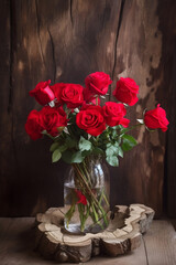 Wall Mural - bouquet of red roses in glass vase on wooden background