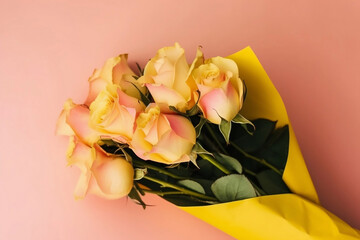 Poster - bouquet of yellow roses on pink background top view