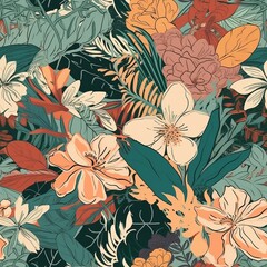 Bring a touch of the tropics to your designs with this modern and colorful floral pattern. Featuring cute botanical elements in an abstract and contemporary seamless design. AI Generation