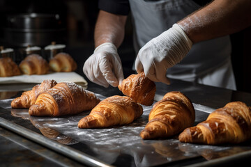 Wall Mural - Confectioner baker lays out freshly baked croissants. generative AI