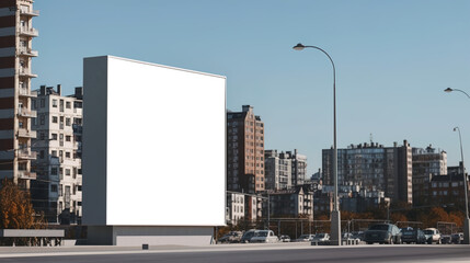 Cityscape Blank White Billboard Mockup with Blue Sky Background: Ideal for Eye-catching Advertising Campaigns, AI generated.