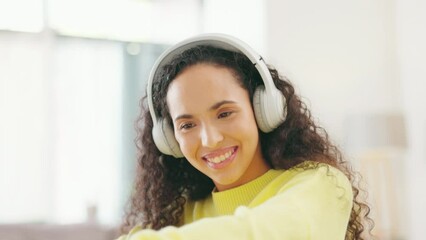 Canvas Print - Woman dance, headphones and living room in a home with a female student listening to music. Remote work, audio streaming and young person in a house happy with a smile and hearing laptop radio