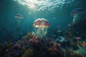 Wall Mural - Landscape with jellyfish under the sea, marine life concept. Generative AI