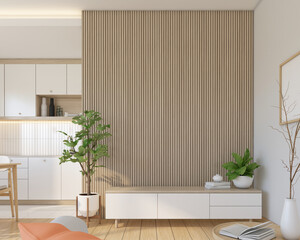 Wall Mural - Modern japan style living room decorated with minimalist tv cabinet and kitchen, white wall and wood slat wall. 3d rendering