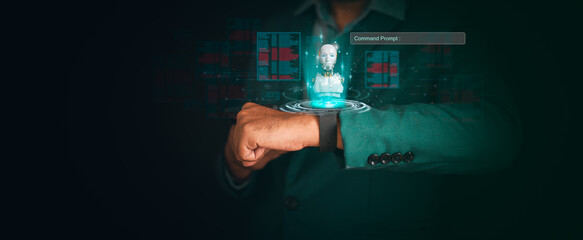 Chatbot chat AI concept,Artificial Intelligence.Businessman touching mobile for using robot AI technology enter command prompt to analyze data and build something,Futuristic technology transformation