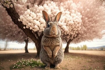Bunny standing under blossoming tree in spring, easter rabbit (Ai generated)