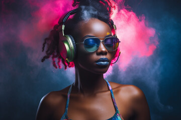  Jovem negra africana dj no sutiã e óculos de sol tocando música. Fones de ouvido. Fumaça colorida no fundo