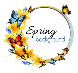 Wall Mural - Spring background with colorful butterflies and spring flowers. Spring sale vector.