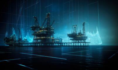 Wall Mural - Digital oil and gas platforms on the dark surface of sea water. Neon linear images at backdrop. Generative AI.