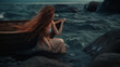 enchanting siren luring sailors, sitting on rock, serene sea background