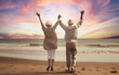 © yanadjan - happy elderly couple grandfather and grandmother view from the back holding hands, Generative Ai,