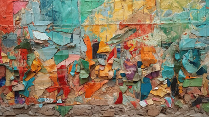 Torn paper collage background on an old poster on a street wall. Generative Ai