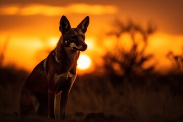 Wall Mural - wild animal silhouette at sunset, generative ai